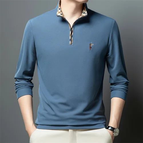 Imagen 2 del producto Camiseta de manga larga con cremallera bordada para hombre, camiseta informal con cuello levantado, ropa gruesa, superventas, otoño 2024