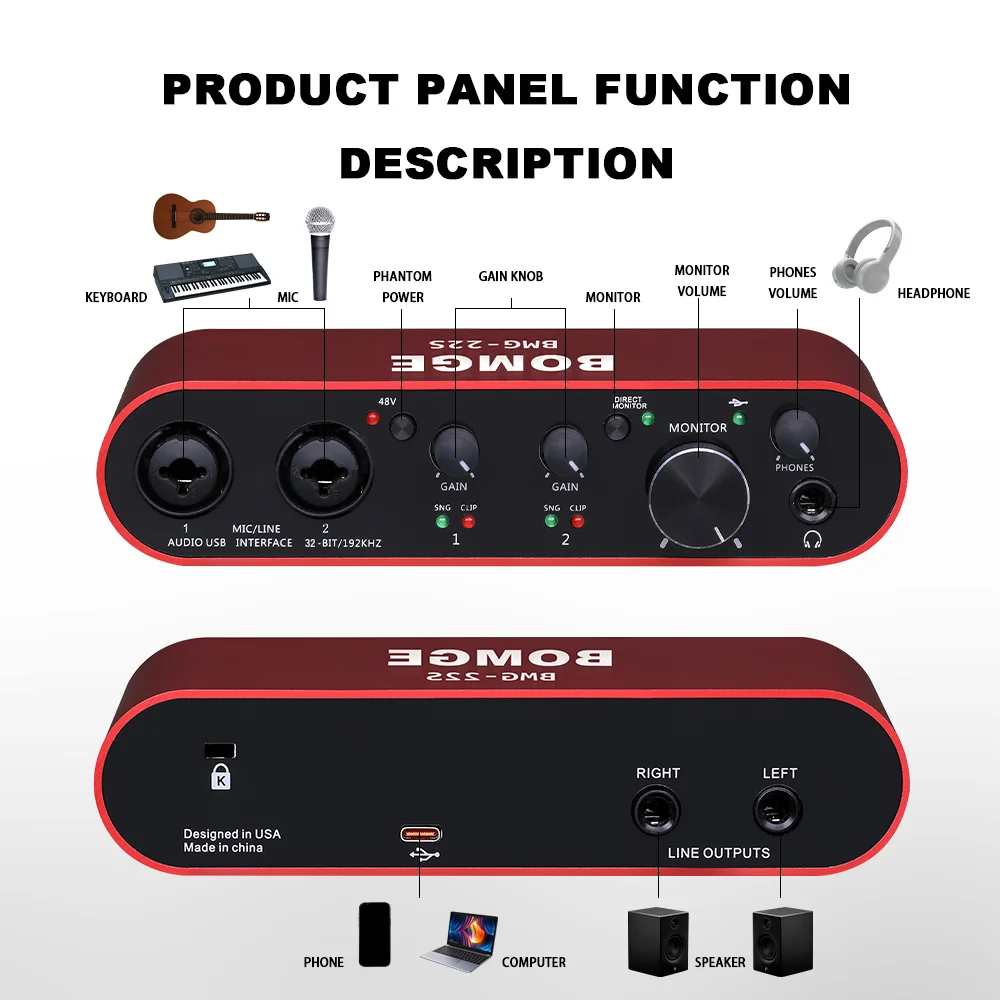 BOMGE, antarmuka audio USB 2 s - Studio Audio Interface With 48V Phantom ulasan dan harga