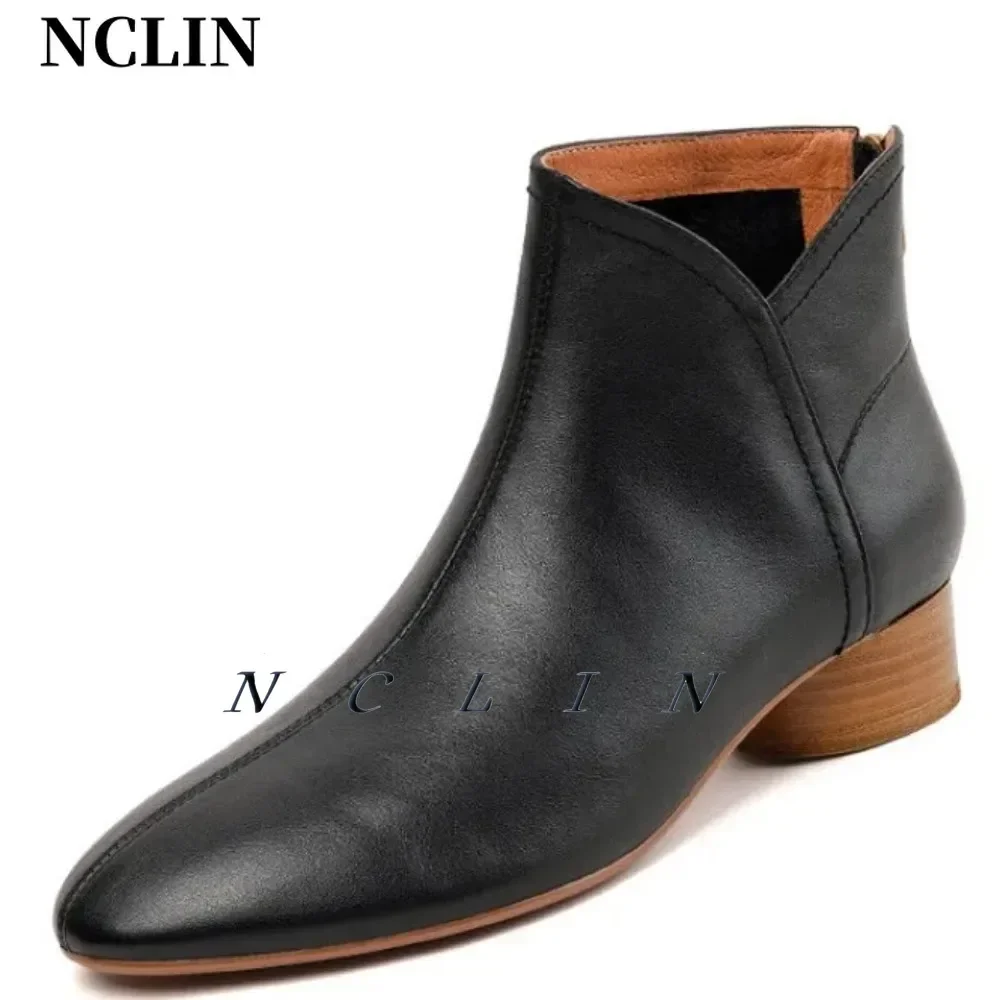 NCLIN-Botas de piel auténtica con cremallera trasera para mujer, zapatos cálidos de tacón grueso con punta redonda, elegantes y concisos, para boda y oficina