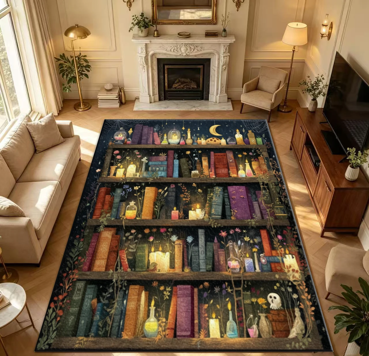 Dark Academia Magic Bookshelf Area Rug Witch Wizard Book Potion Floral Print Carpet Non Slip Washable Floor Mat Gothic Bedroom Home Decor