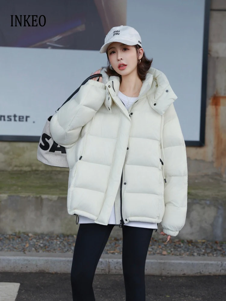 

Повседневный пуховик с капюшоном, женская зимняя уличная одежда, пуховое пальто большого размера с длинными рукавами, теплая коллекция 2026, верхняя одежда INKEO DJ645