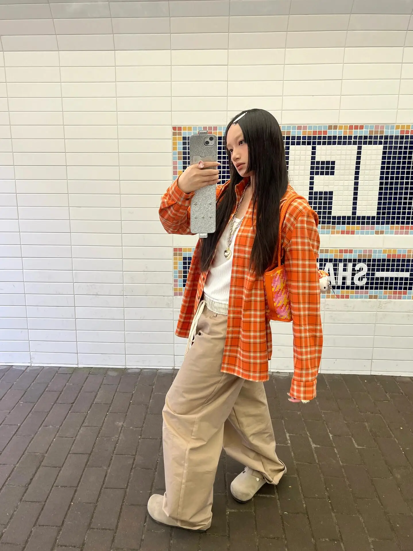 Tonngirls Vintage Shirt Women Orange Plaid Casual Shirt Vintage Retro American Long Sleeve Blouse Tops Streetwear E-girls Tops