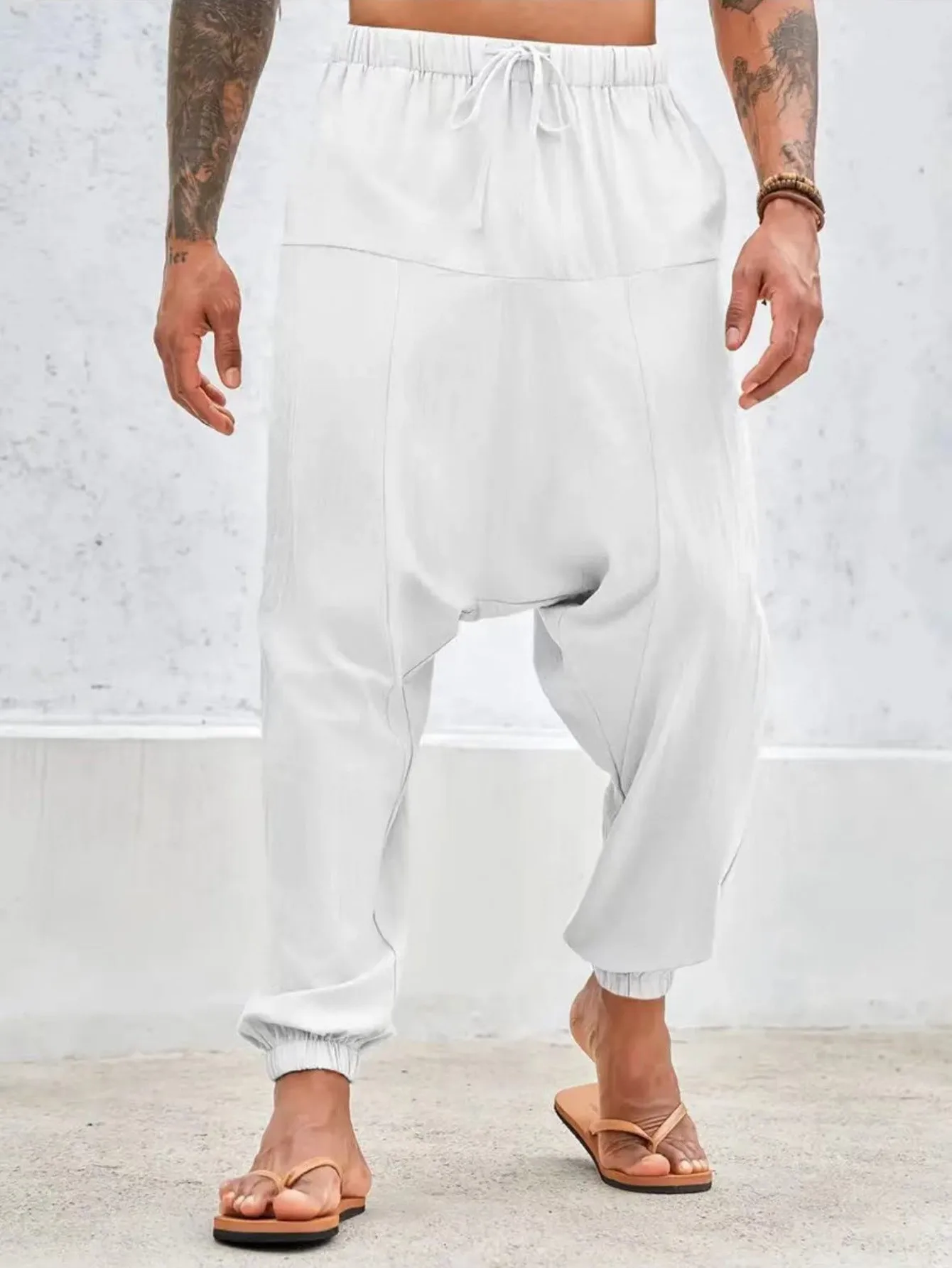 Men Harem Pants Cotton Drop Crotch Loose Fit Solid Color Breathable Lightweight Cozy Streetwear Joggers for Man Daily Wear Male