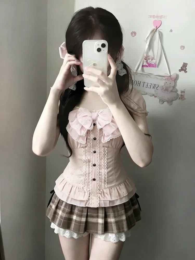 Japanese Sweet Three Piece Set Women Lace Bow Blouse + Cami Top + Plaid Ruffle Mini Skirt Y2K Vintage Kawaii Korean Chic Outfits