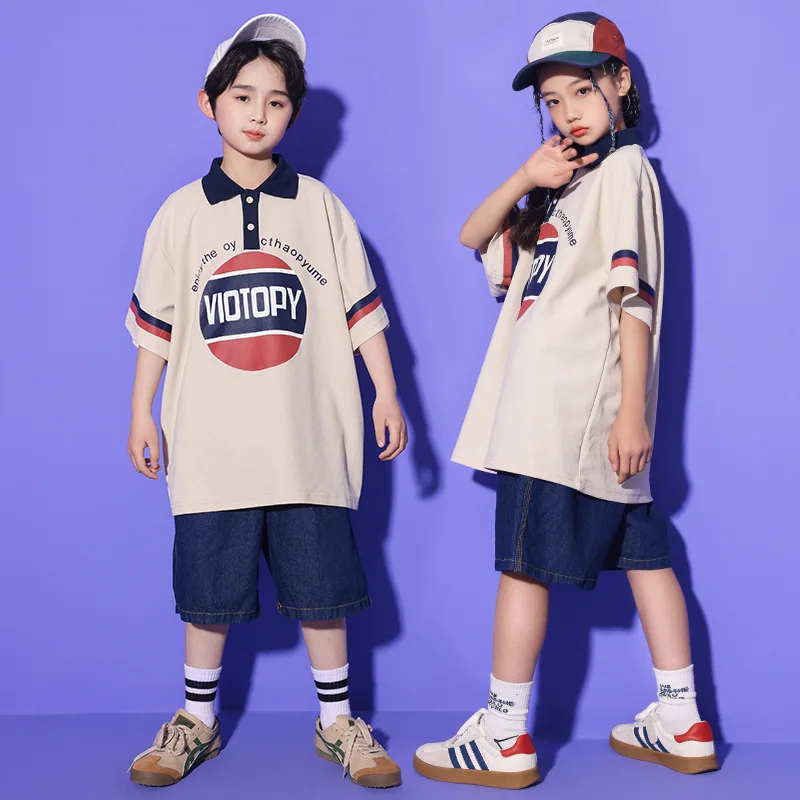 Kid Hip Hop Clothing Letter Print Polo Shirt Tee Top Casual Denim Blue Wide Jeans Shorts for Boy Girl Jazz Dance Costume Clothes