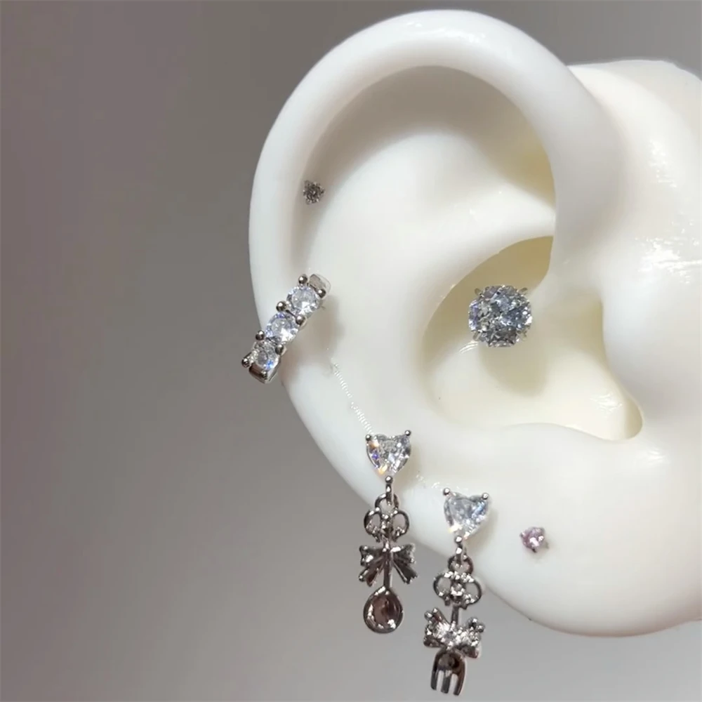 1PCS Sweet Heart Fork Spoon Ear Bone Nail 316L Stainless Steel Bling Zircon Earrings For Women Cartilage Piercing Accessories