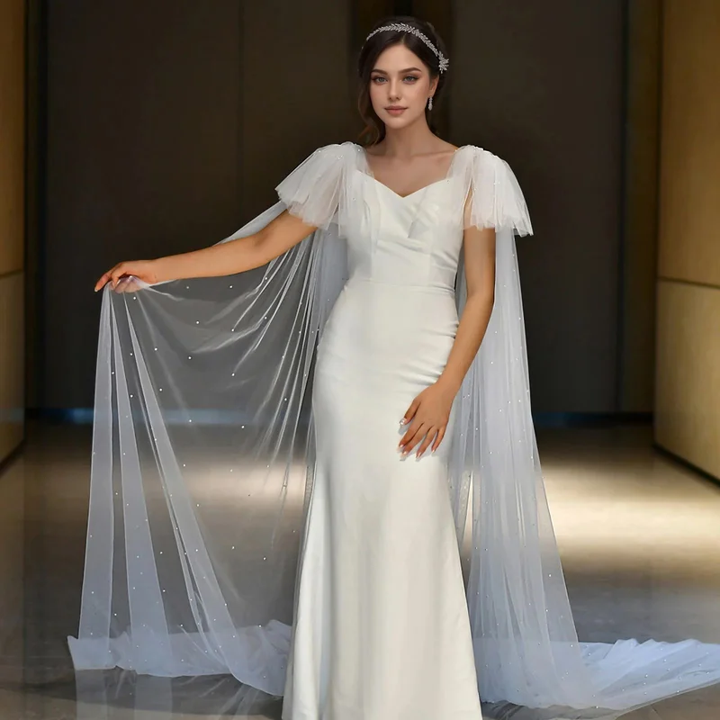 MZB22 Elegant Bridal Veil with Wings Sexy Halter Cape Pearls Wedding Cloak Bolero Plus Size Women's Party Accessory Covered Gown