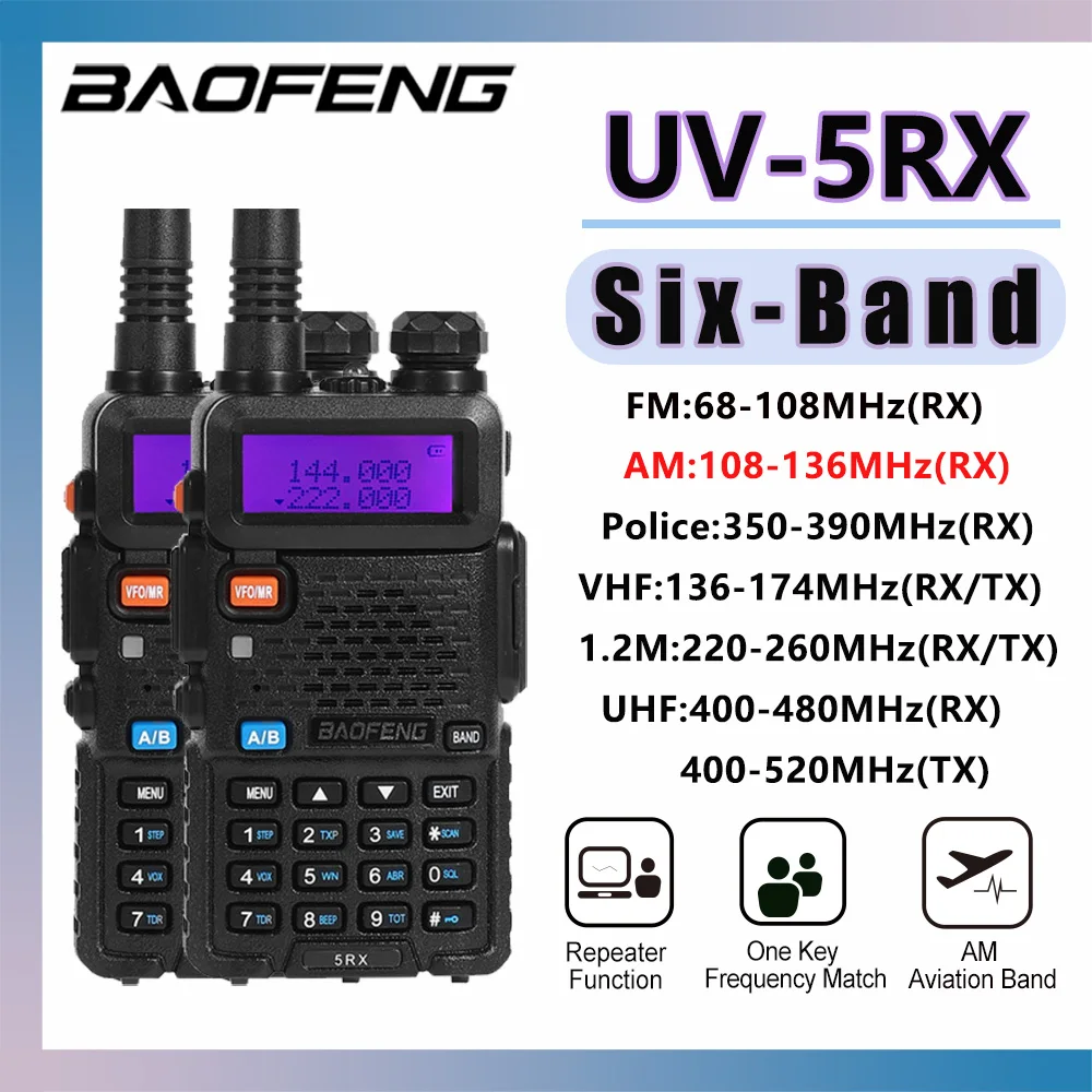 Repetidor de Rádio Amador Baofeng, Banda de Aviação AM, Rádio Portátil em Dois Sentidos Portátil, 5RX, 5W, 1800mAh, 128CH, 2 Pcs