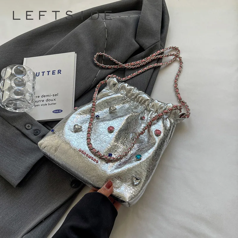 Дизайнерские серебристые кожаные сумки через плечо LEFTSIDE с бриллиантами для женщин 2023 Роскошные Дизайнерские корейские модные сумки на плечо с
