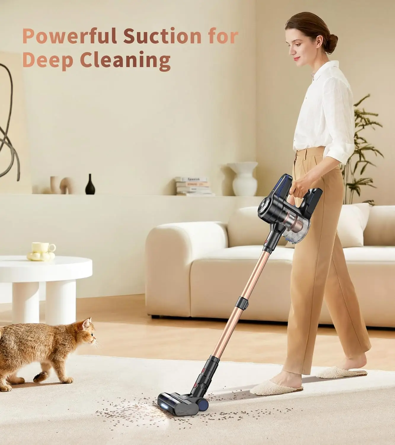 Cordless Vacuum Cleaner, Powerful Stick Vacuum with 45min Runtime, Anti-Tangle Vacuum Cleaners for Home, 1.5L Dust Cup, R