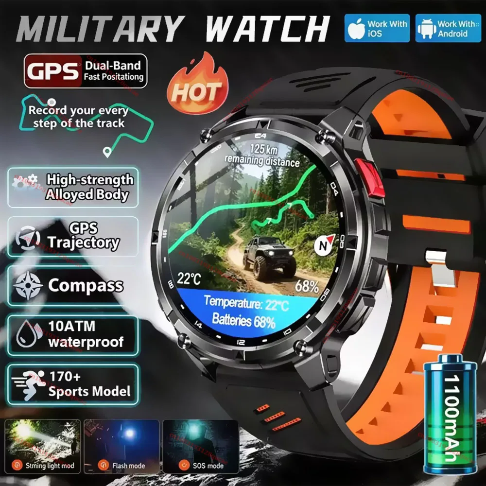 NEW MILITARY SMART WATCH 2026 WITH A BIG BATTERY OF 1100 MILLIMETER FOR EXTERNAL USE WITH GPS, A COMPASS AND A WATER RESISTANT TO 10ATM WITH A HIGH-PRECISION COMMUNICATION ADVANTAGE AND AMOLED SCREEN FOR SPORT