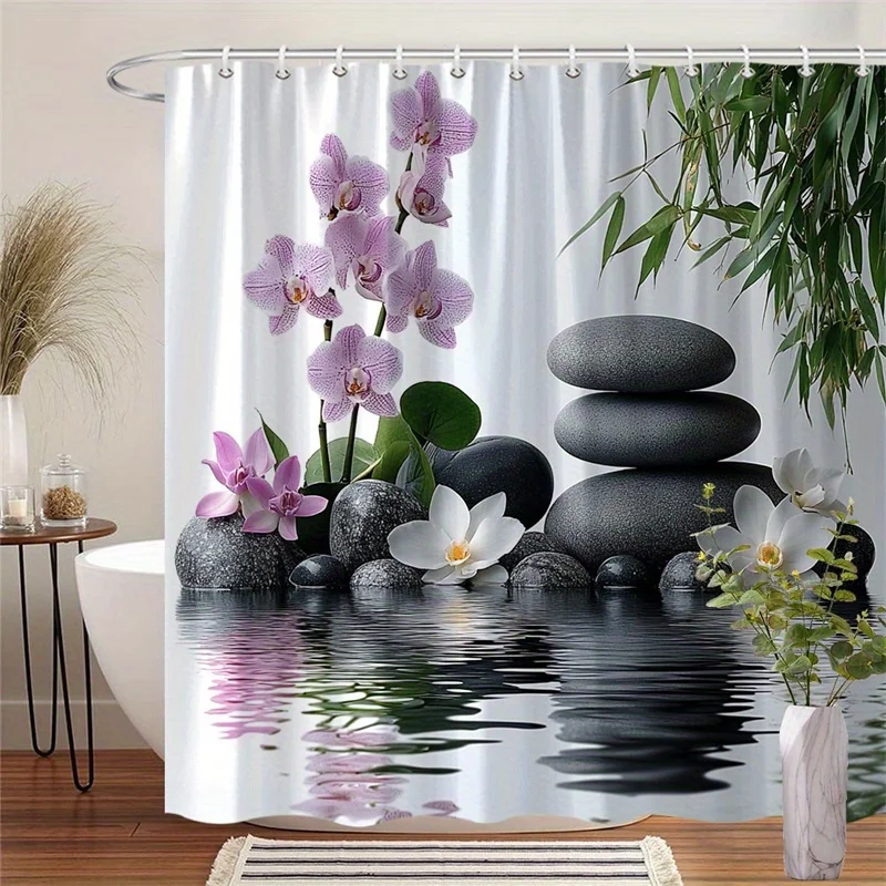 Zen Orchid Stone Bamboo Shower Curtain, White Background Spa Rock Reflection Bloom Print Waterproof Bath Curtain for Calming