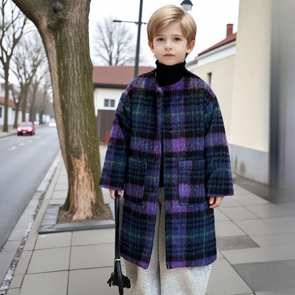 

Зимнее шерстяное пальто в клетку для мальчиков, толстый длинный плащ для детей, школьный универсальный повседневный топ, теплая верхняя одежда для детей-подростков 12 лет