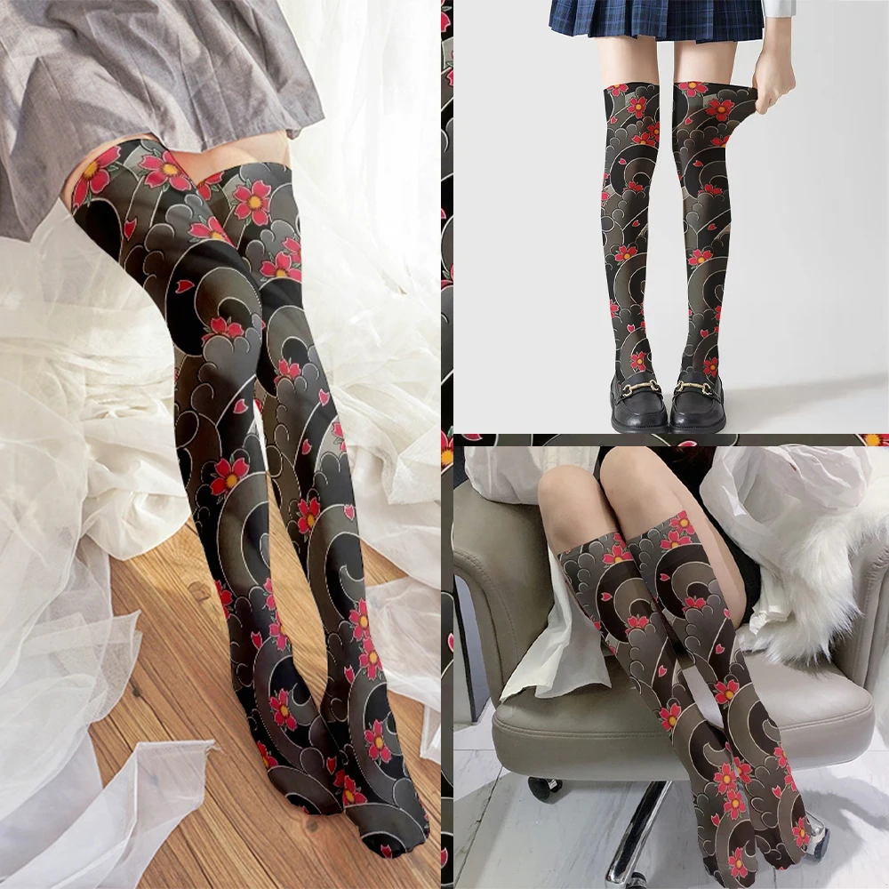 Novelty tattoo stockings women's creative fashion printing Japanese sexy thigh socks velvet thin JK calf socks