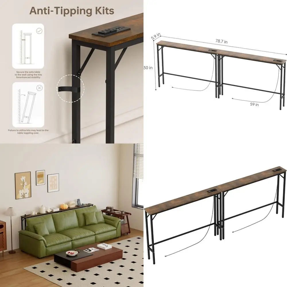 

Rustic Brown 78.7 Console Table Set, 2-Piece Sofa Table, Outlet & Charging Station, Ideal for Entryway and Living Room