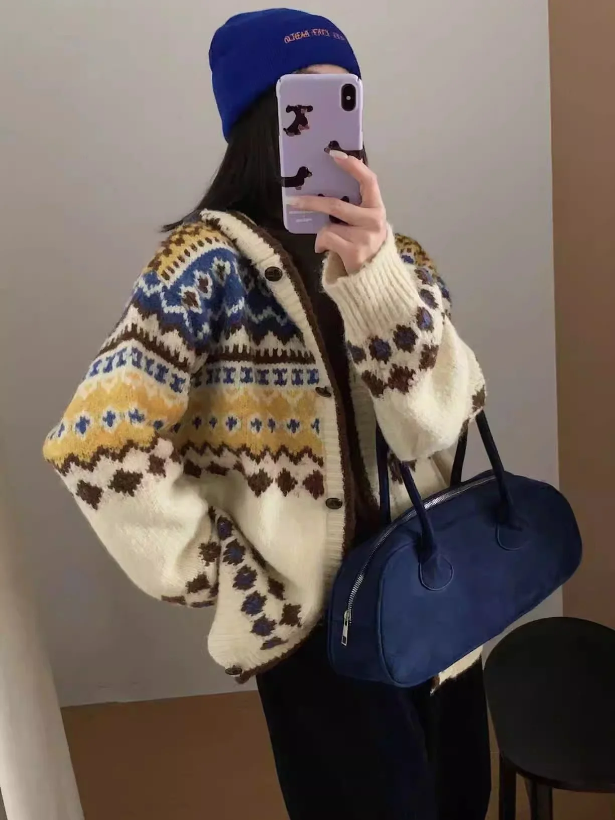 

Women's Fair Isle Knitwear Cardigan Thickened Loose Fit Hooded Sweater Outerwear Casual Comfortable Breathable Vintage Style