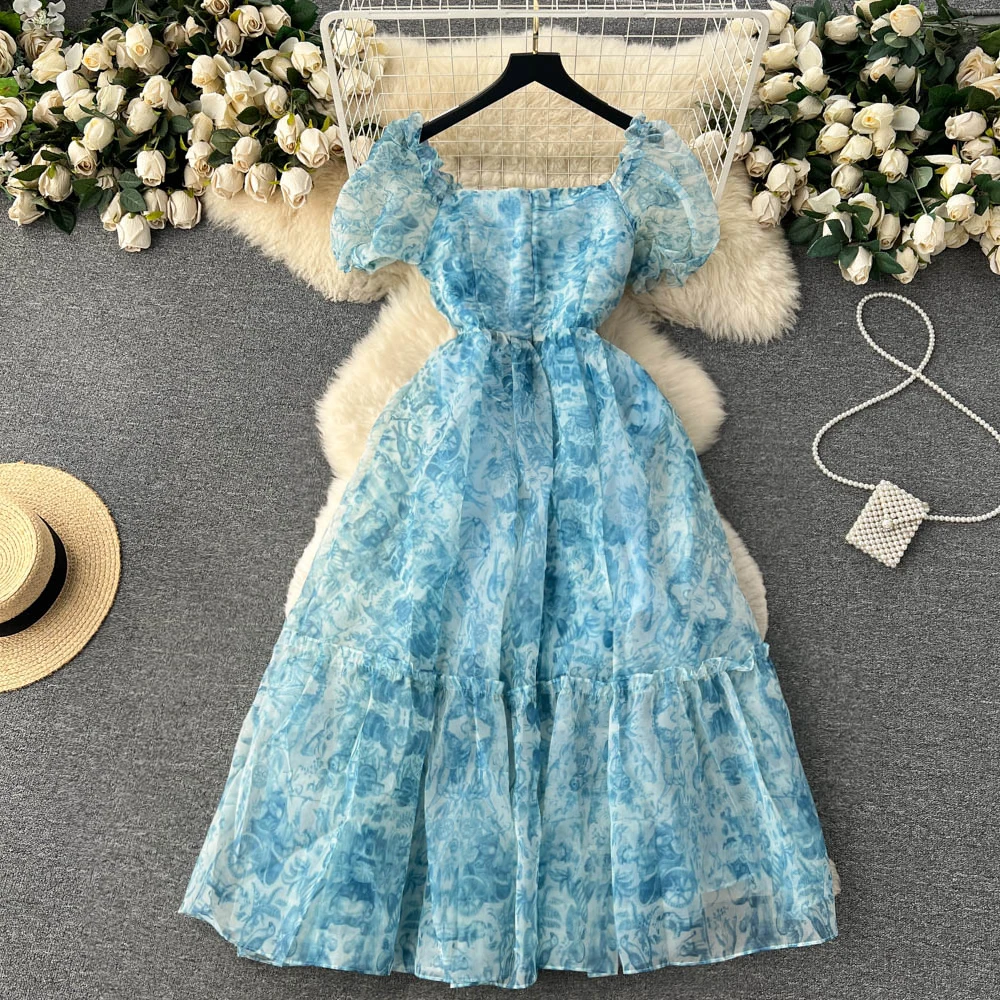 Eleganckie lato z wybiegu siatka wakacyjna długa sukienka Retro damska Puff krótki kwiatowy nadruk falbany wysoki stan Boho Vestidos