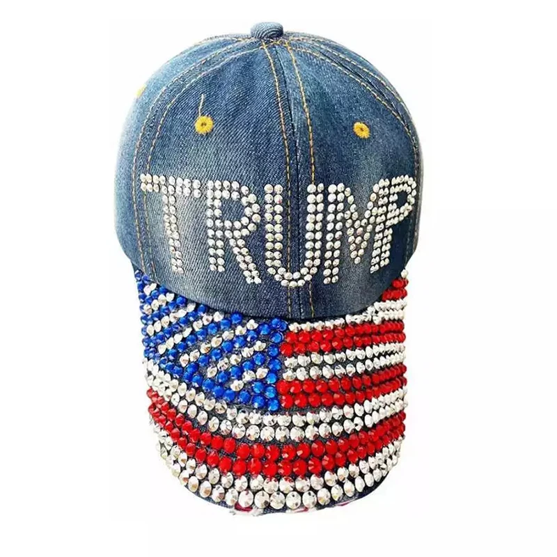 Patriotische Wahltags-TRUMP-Fans-Geschenk, Trendige Kopfbedeckung, Glitzer-Baseballkappe, Denim-Bling, Strass-USA-Flagge, 2024 MAGA, Dad Hat