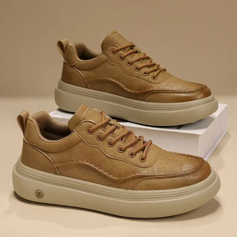 Men Leather Low Top Lace Up Work Shoes Spring Autumn New Thick Sole Non Slip Waterproof British Style Casual Shoes Board Shoes