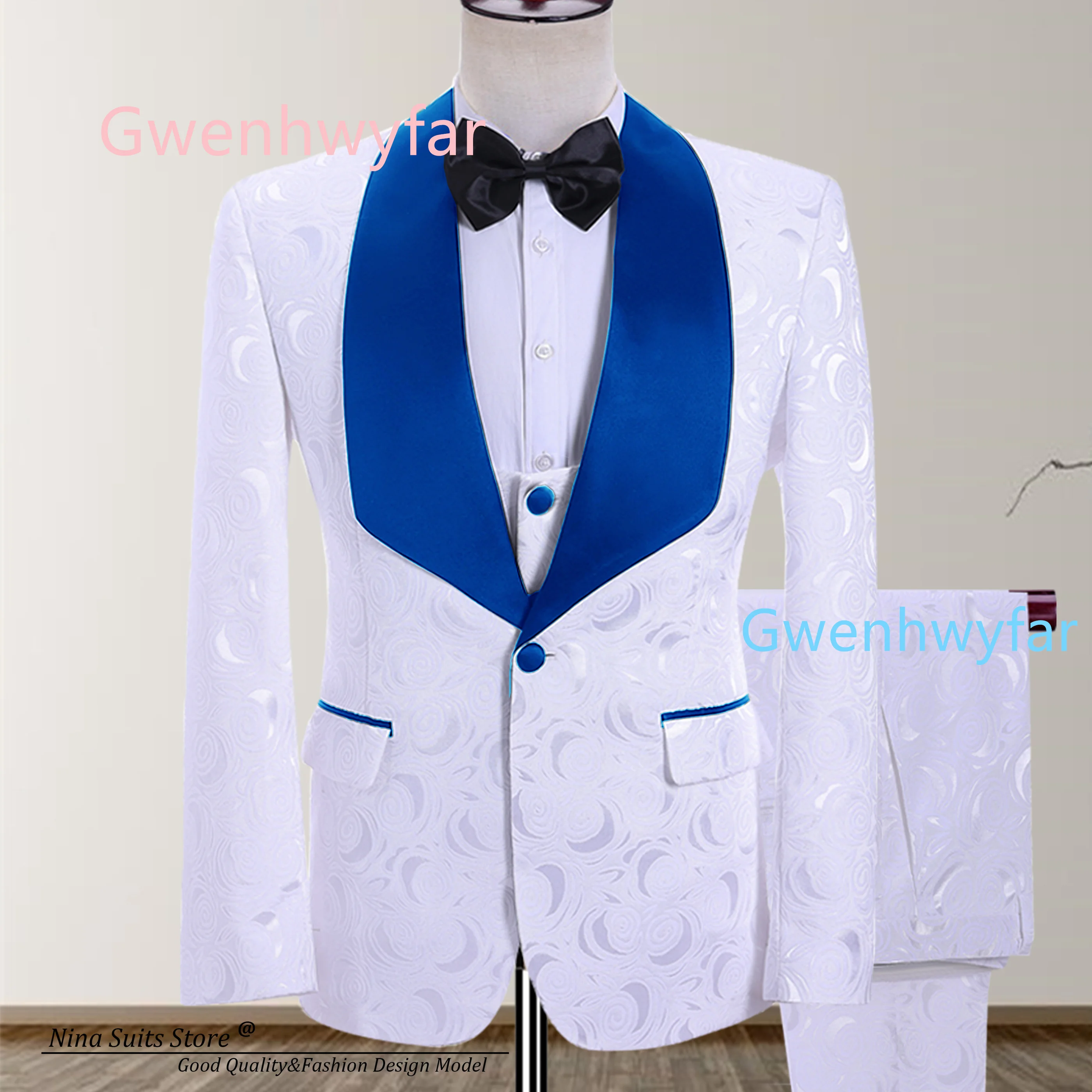 G&N 2026 Custom Made White Rose Jacqaurd Tuxedos Single Breasted Men Suits with Royal Blue Black Red Pink Green Lapel Buttons
