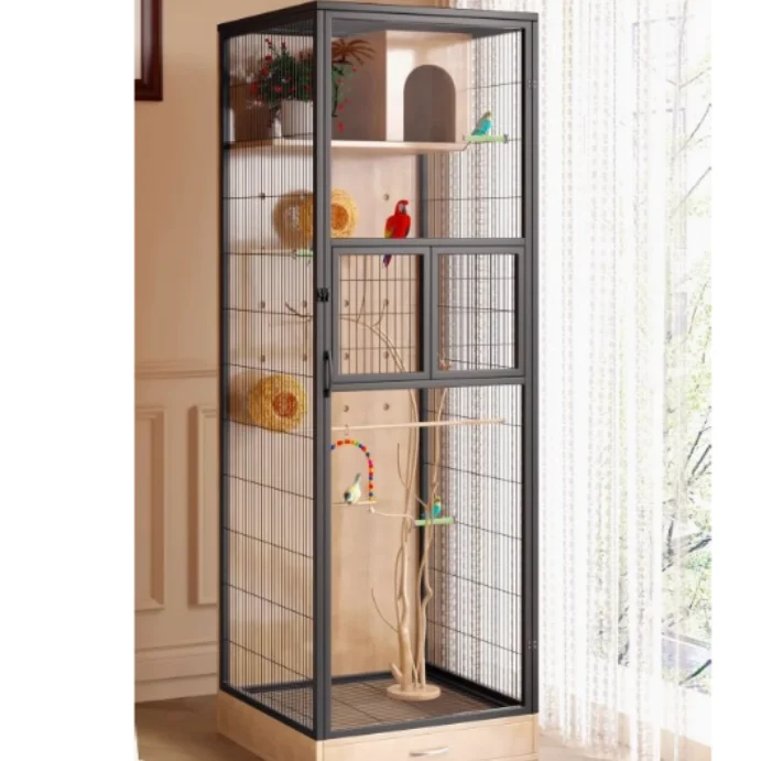 

Hot Sale Luxury Large Tempered Glass Displaying Cabinet Parrot Pigeon Wood Standing Nest Box Bird Villa House Breeding Bird Cage