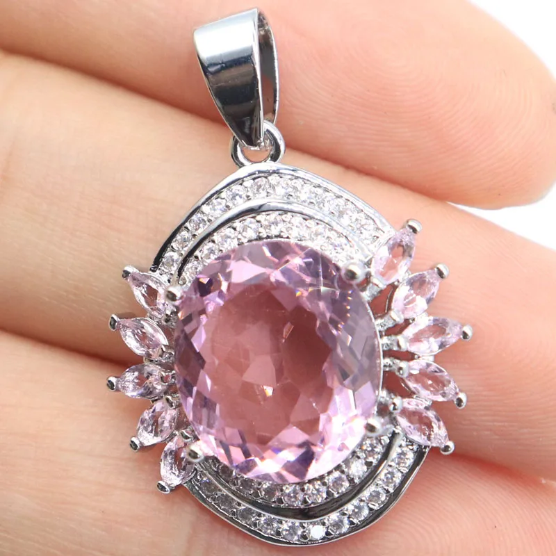 Buy 3 Get 1 Free 32x22mm Stunning Big Gemstone Pink Kunzite Green Amethyst London Blue Topaz CZ For Women Silver Pendant