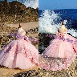 Luxury Pink Flower Girl Dress Tulle Fluffy Quality Applique With Long Trailing Big Bow Little Girls Birthday Party Evening Gowns