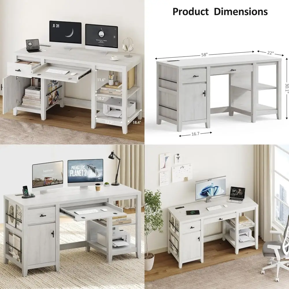 

Большой белый офисный стол с выдвижной полкой для клавиатуры, ящиками и подставкой для журналов для домашнего офиса и кабинета