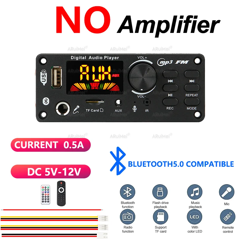 Bluetooth Decoder Module 5v No Amplifier Digital Audio Player FM Radio USB TF AUX Mic Bluetooth Receiver for Amplifier DC 5V-12V