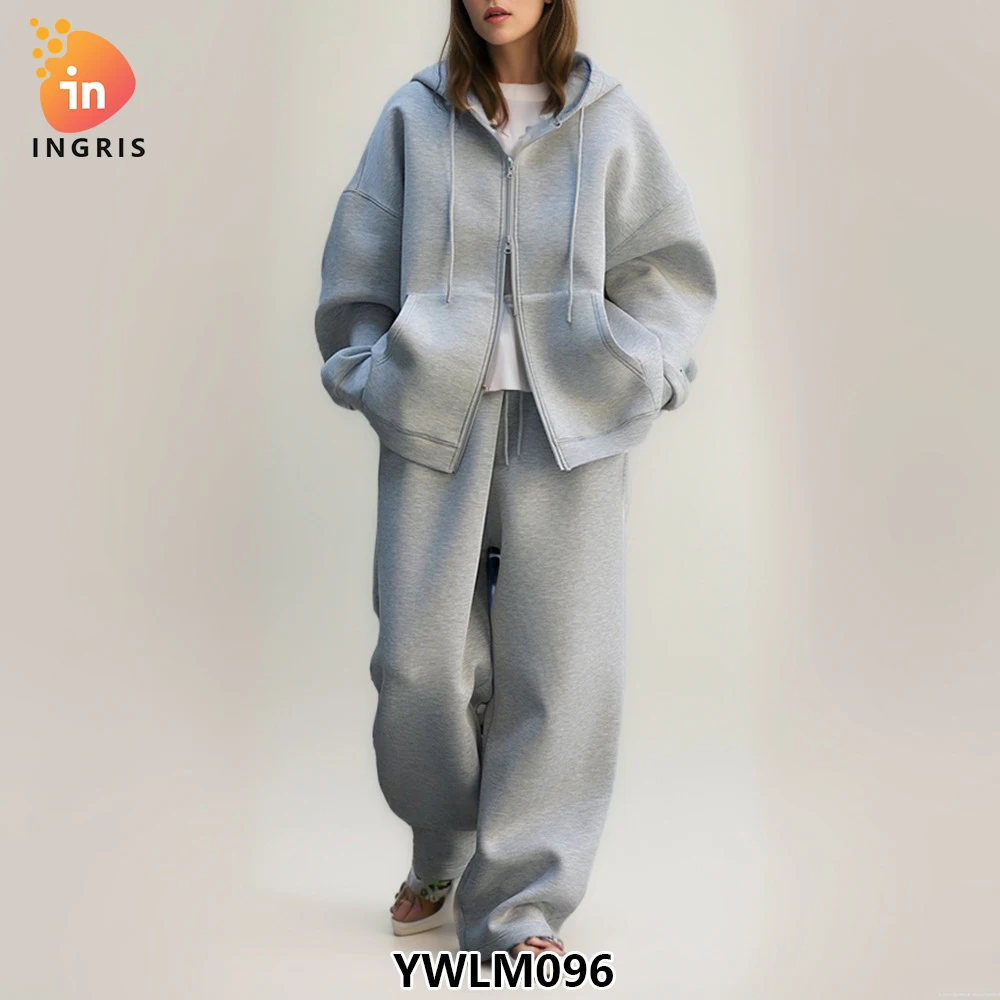 

Early Autumn New Korean Gray Casual Women's Suits Loose Sports Zipper Hoodie Wide Leg Pants Fashion Elegant Two-piece Set