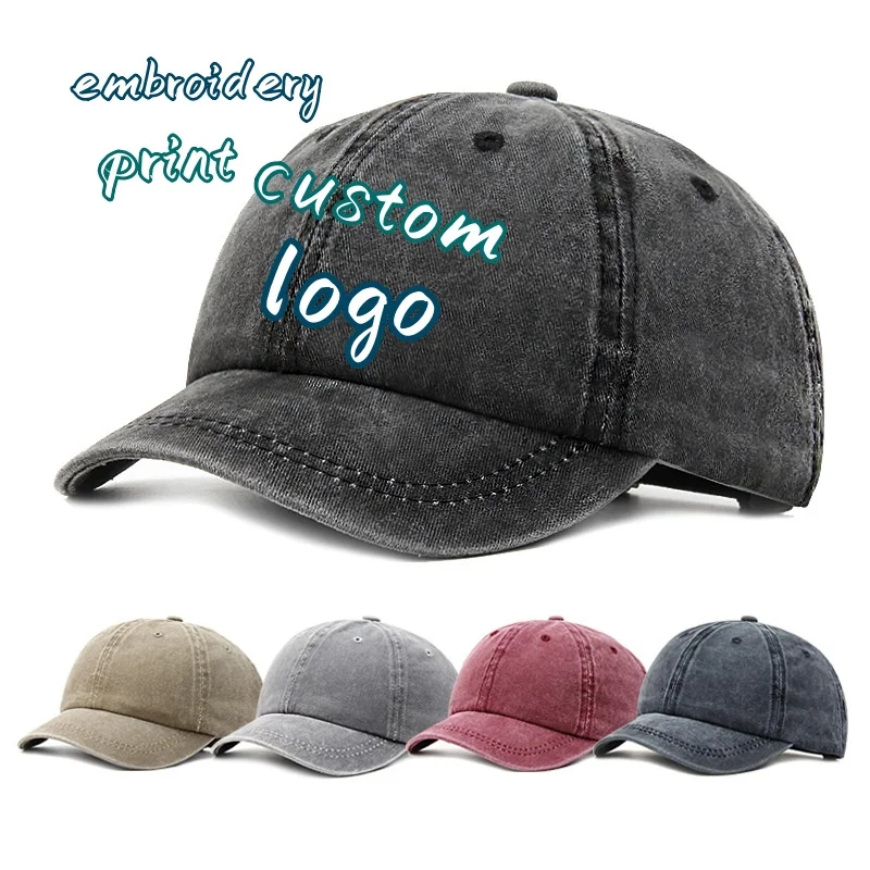 Short Brim Hat Custom Logo Washed Denim Baseball Cap Solid Color Snapback Casual Sport Dad Hats Sun Protection Casquette Visor