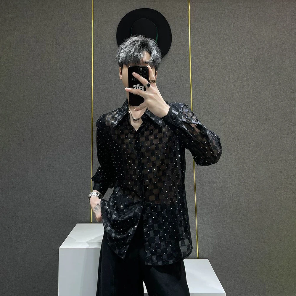 Mens Plaid Rhinestone See-Through Ballroom Shirt Streetwear Fashion Nightclub Stage Performance Long-Sleeve Top Men'S Clothing