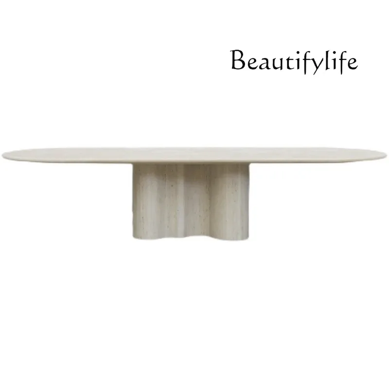 

Retro silent wind natural travertine meal oval meal ancient Italian marble modern simple Italian dining table