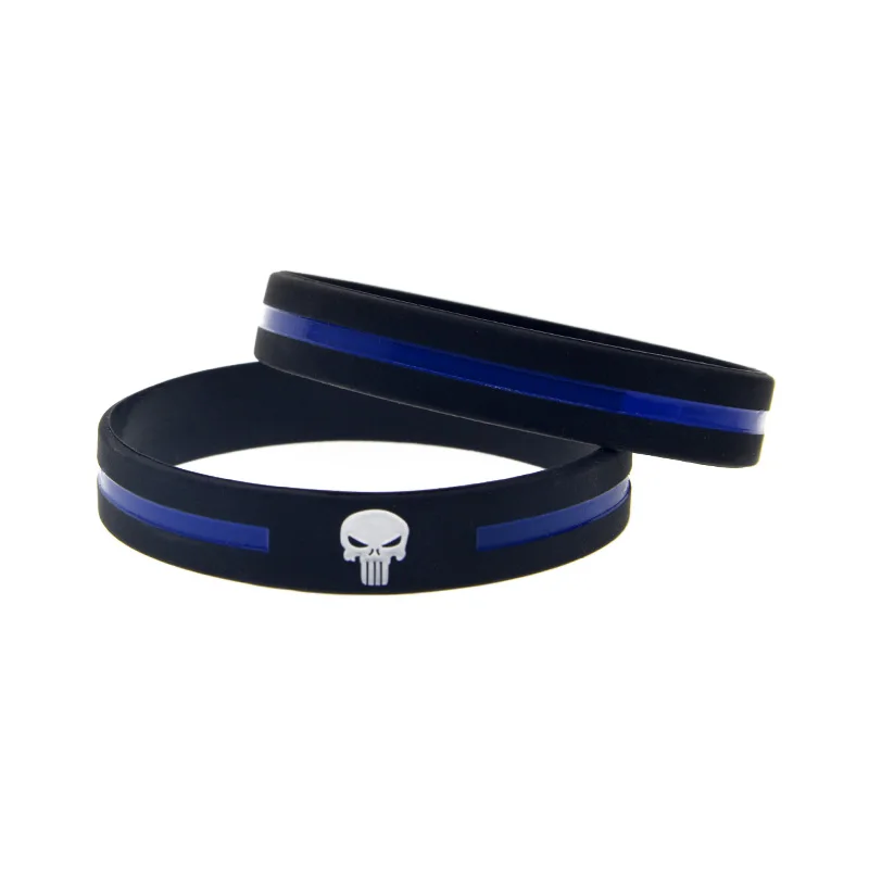 50 Pcs Thin Blue Line Skull Silicone Rubber Bangle Police Support Punk Style Wristband Black Unisex Bangle
