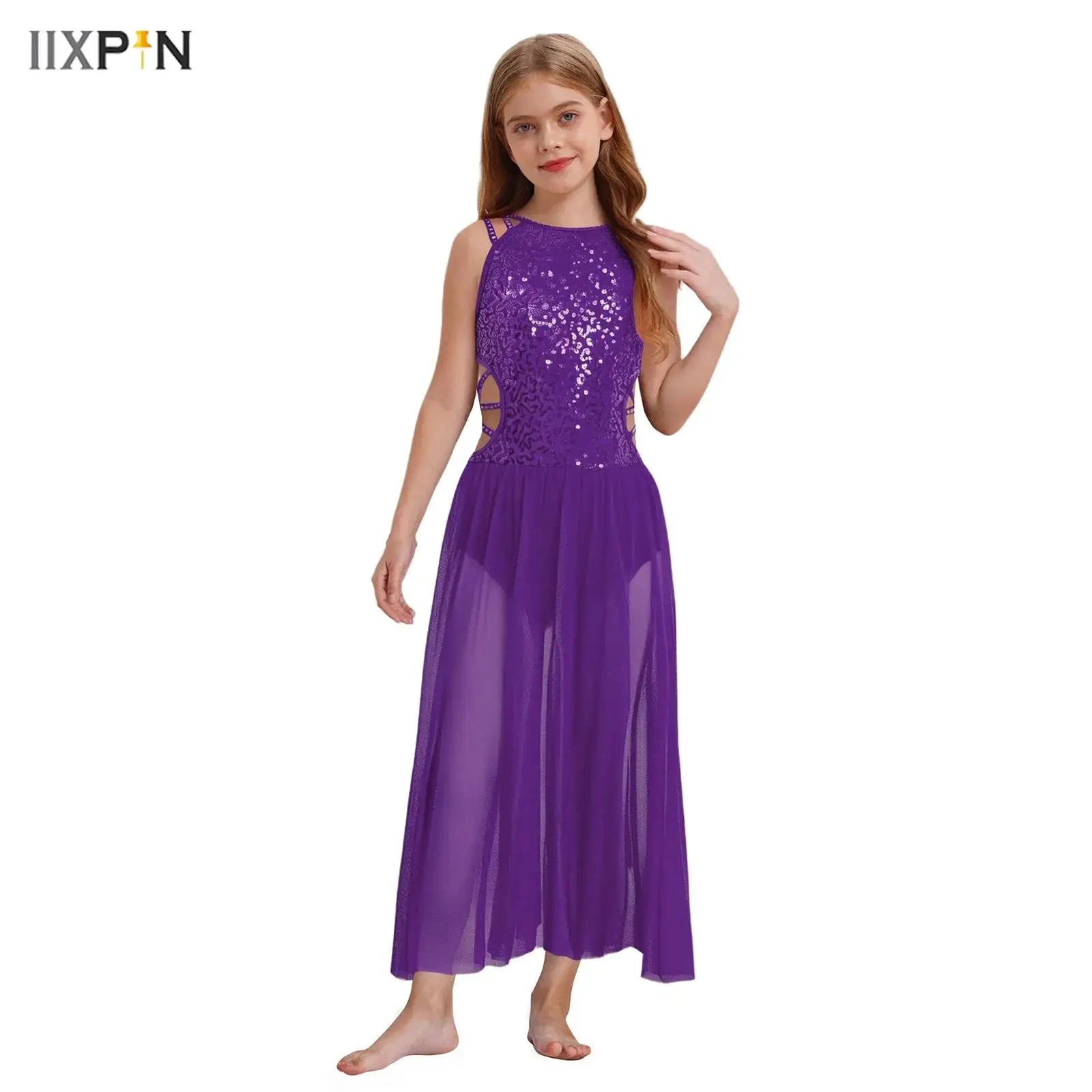 

Kids Girls Lyrical Dance Dress Sparkly Rhinestones Sequins Strappy Cutout Waist Bodice Side Split Dress Ballet Modern Dancewear
