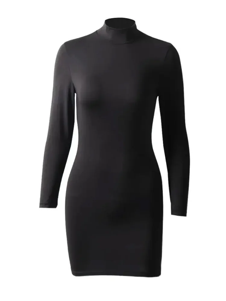 DZ-DZ Women Sexy Mock Neck Bodycon Mini Dress Casual Basic Turtleneck Long Sleeve Solid Slim Fit T Shirt Dresses Streetwear