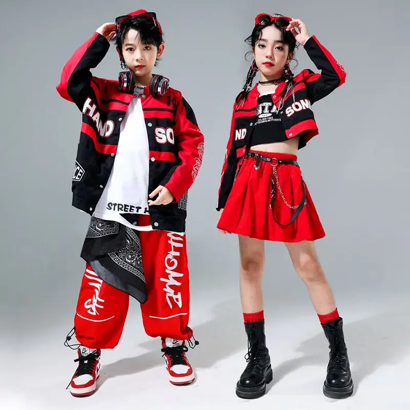 Hip Hop Girls Street Dance Red Motorcycle Sports Jacket Skirt Pants Boys Joggers Clothes Kids Streetwear Children Jazz Costumes