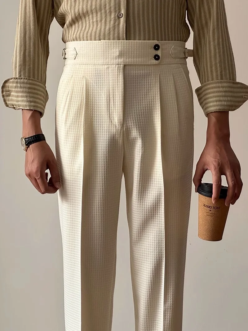 

High Waist Straight Leg Khakis Double Pleat High Quali Neapolitan Light Tawny Busin Casual Men's Long Pants Summer Wear