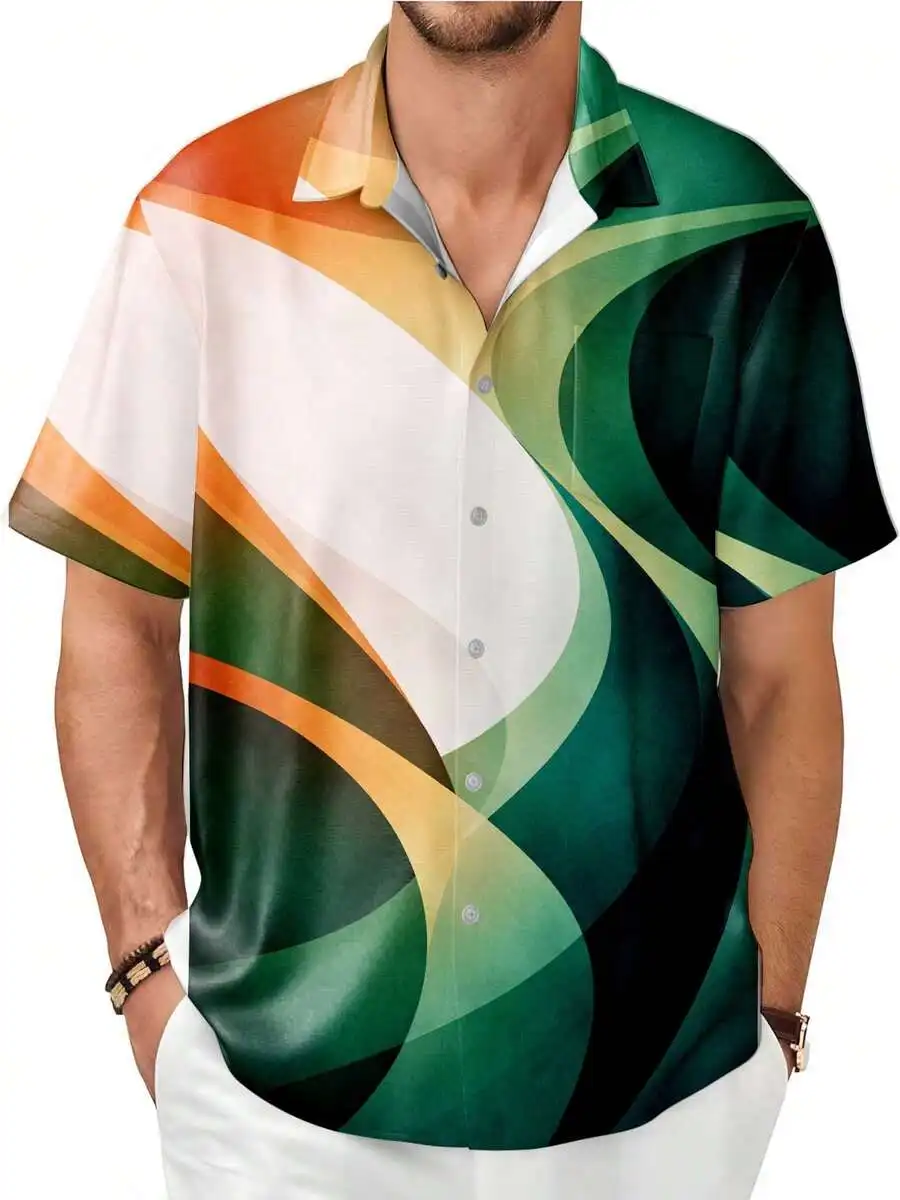 

Abstract Curved Stripes Green Orange Mens Hawaiian Shirt Short Sleeve Button Down Summer Beach Casual Shirt