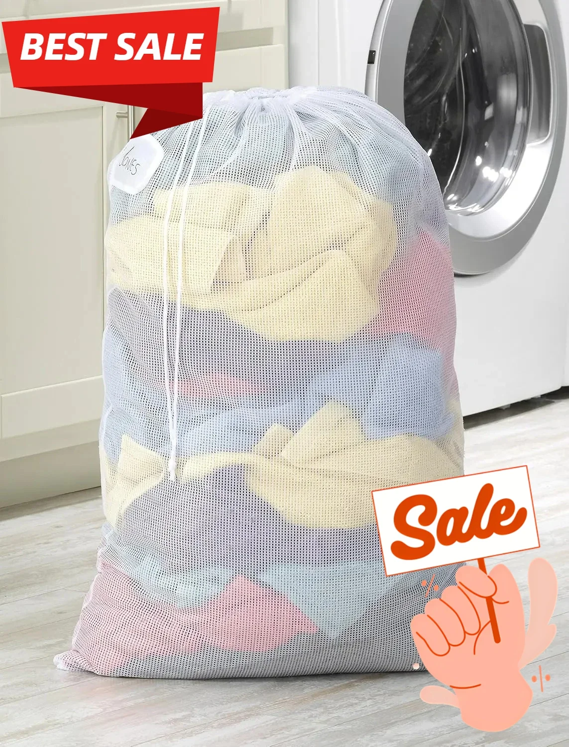 Wäschesack aus Netzstoff mit ID-Tag, Weiß