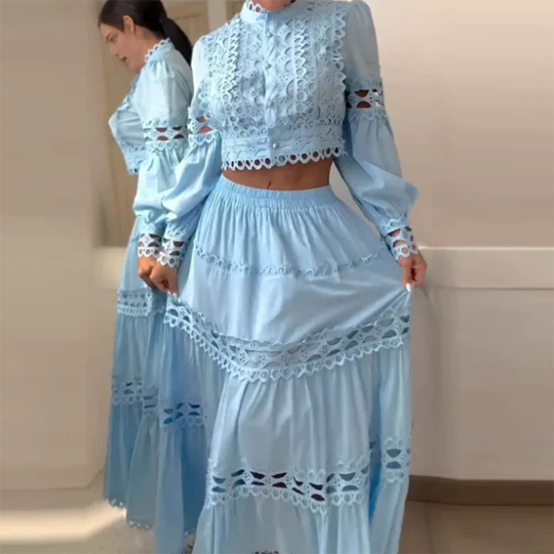 

Fashion Lantern Sleeve Hollow Design Suit Simple Solid Color Pleated Women 2 Piece Set Elegant Lace Patchwork Long Skirt Outfit