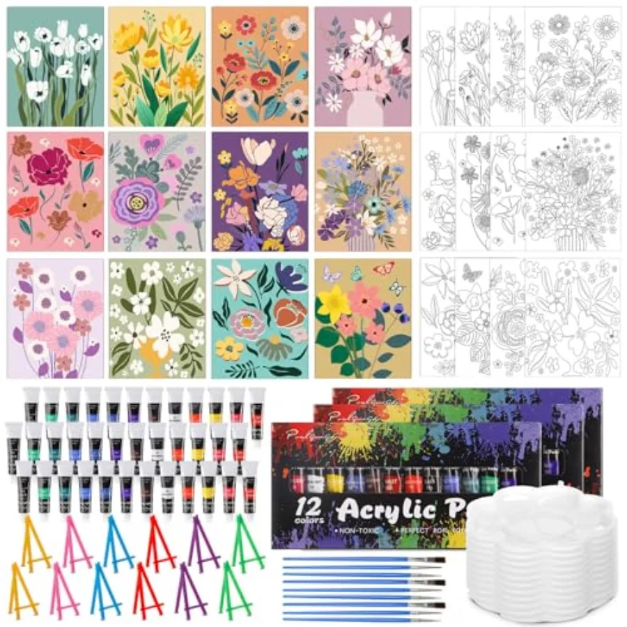 

108 Pcs 12 Set Flower Sip and Paint Kit for Adults 8''x10'' Pre Drawn Canvas to Paint DIY Acrylic Painting Kit Pre Printed Canv