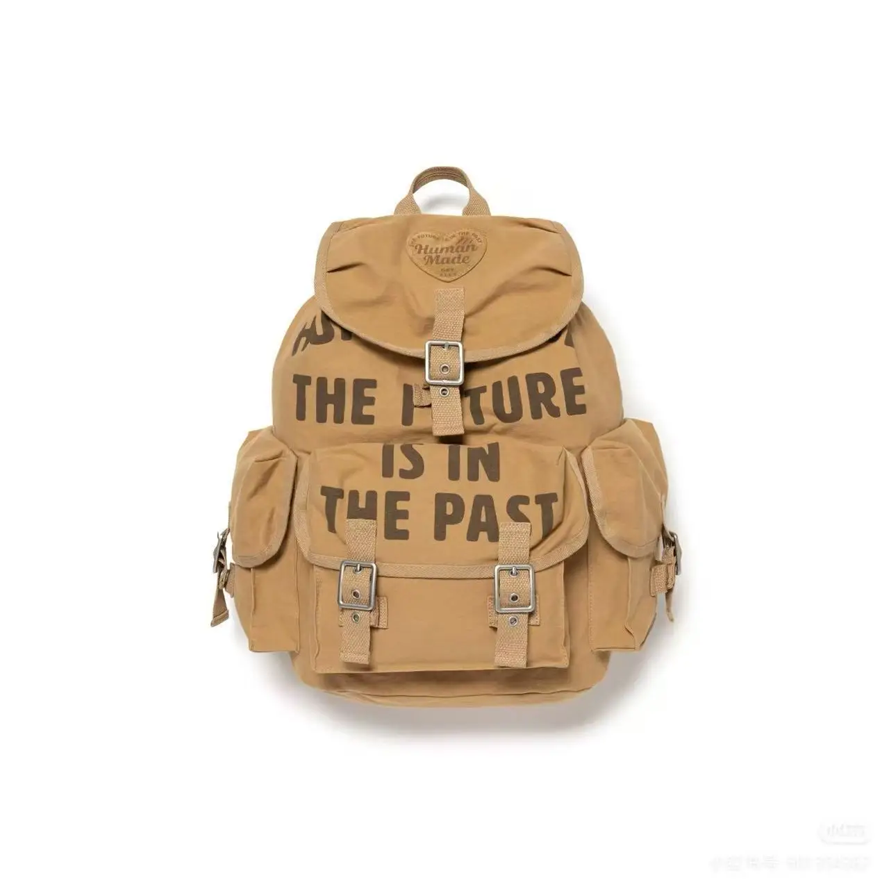 2026 Human Made Washed Canvas Backpack Hunting Style Dye Print Logo Velour Heart