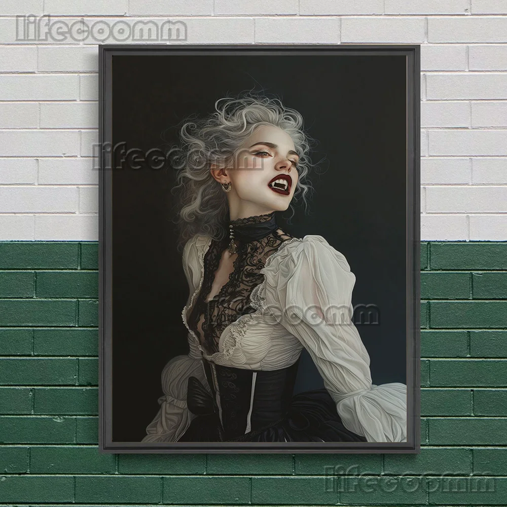 Vampire Queen Moody Gothic Wall Art Canvas Painting,Female Vampire Smile Fangs,Wiccan Art Art Poster Print Home Decor Unframed