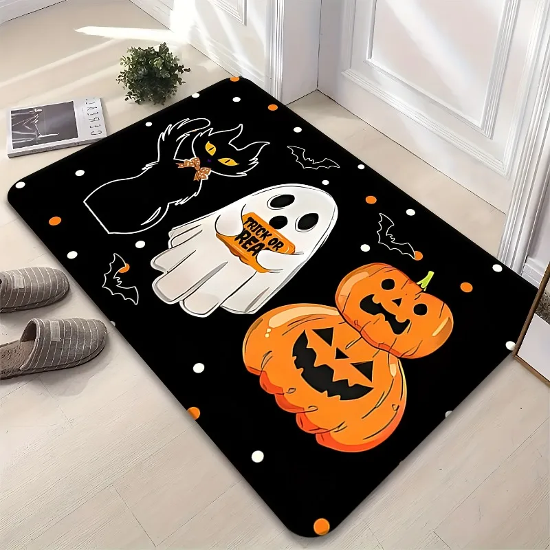 Cute Ghost Black Cat Pumpkin Halloween Doormat Trick or Treat Bat Polka Dot Print Indoor Entryway Floor Rug Holiday Carpet