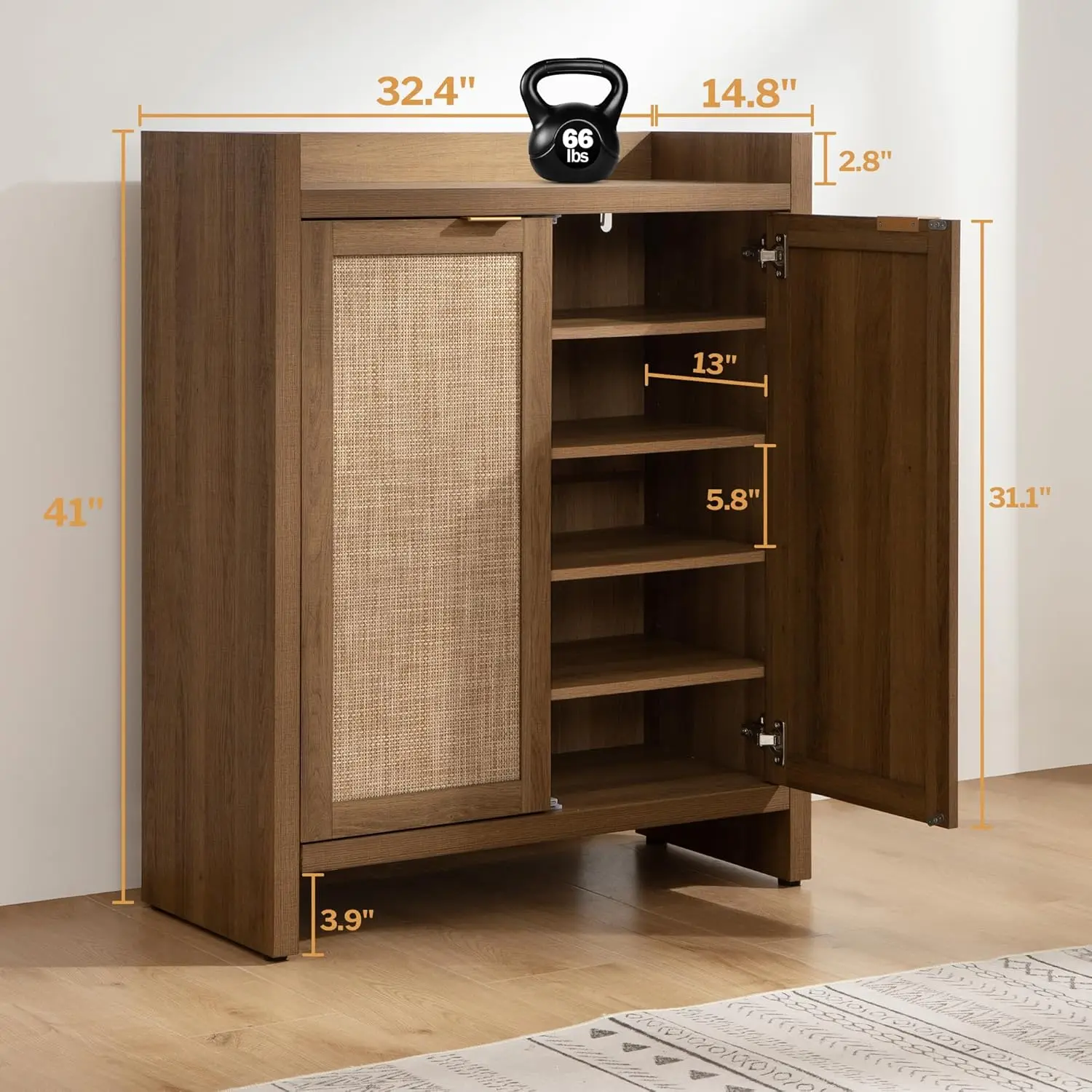 

Shoe Cabinet,24 Pair Shoe Storage Organizer Cabinet, 41" Tall Rattan Shoe Cabinet with Doors and Shelves, 6-Tier Farmhouse Boho