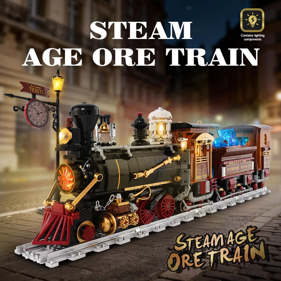 

MOC City Railway Steam Locomotive Ore Train Building Blocks Mine Railway Track Bricks Toys Lighting Ornaments Kids Birthday Gift