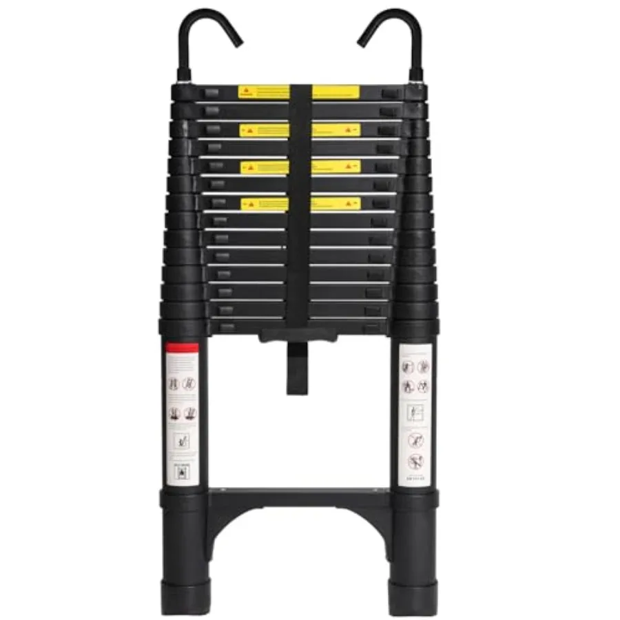 

14.5 FT Aluminum Telescoping Ladder with Hooks Lightweight Multi-Purpose Collapsible Extension with 2 Triangle Stabilizers Heav
