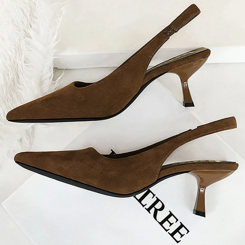 BIGTREE Shoes Kitten Heels 6 CM Suede Women Pumps Pointed Hollow Out High Heels Summer Women Heeled Sandals Comfort Ladies Shoes