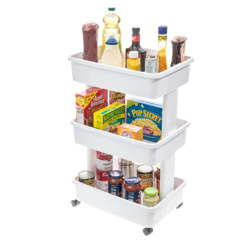 3-Tier Rolling Laundry Cart Lightweight Plastic Storage Organizer with Smooth Rolling Wheels Home Office Use